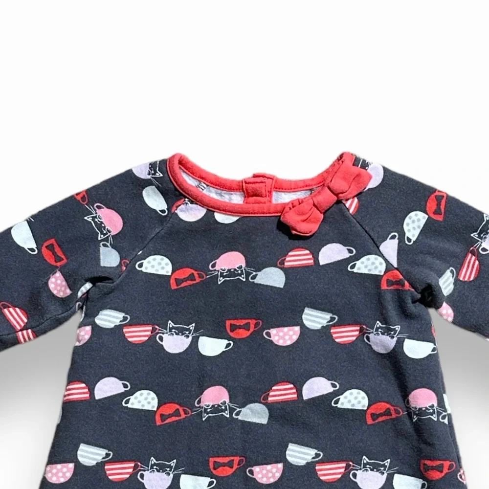 Gymboree Baby Toddler Girls Kitty Cat Tea Cup Long Sleeve Fleece Dress 12-18 mon